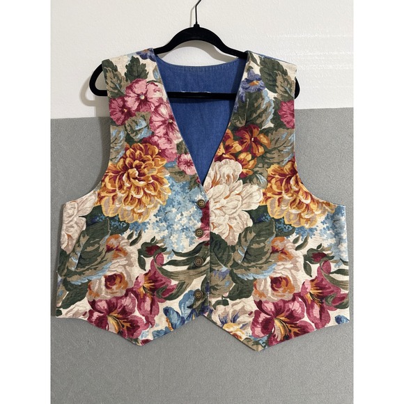 Jackets & Blazers - Vintage Floral Tapestry Vest Blue Denim Back Button Front Boho Cottagecore Women
